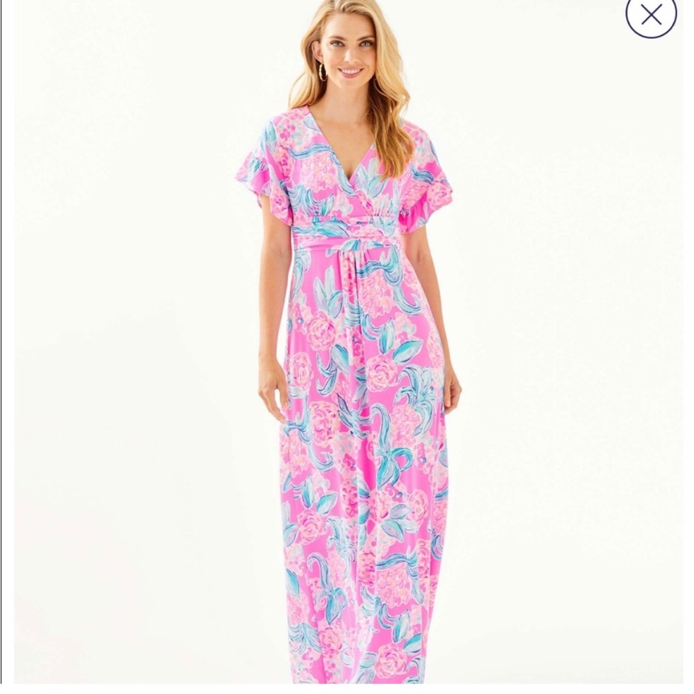 Lilly Pulitzer Pink Floral Maxi Dress with Teal & White Accents